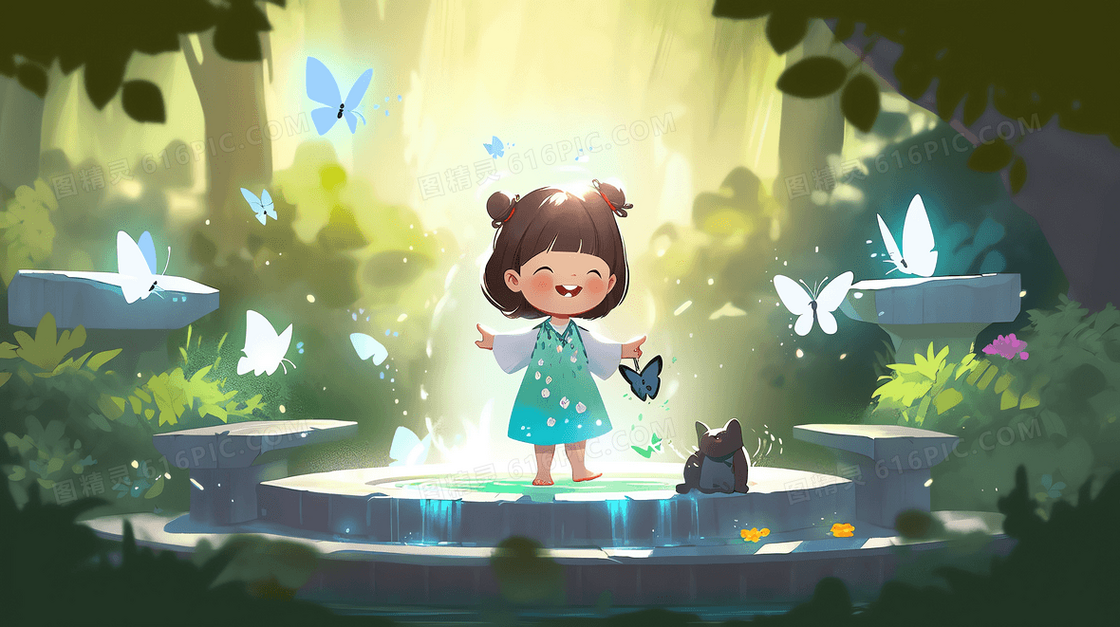 可爱的小女孩在飞满蝴蝶的喷泉上开心的玩耍