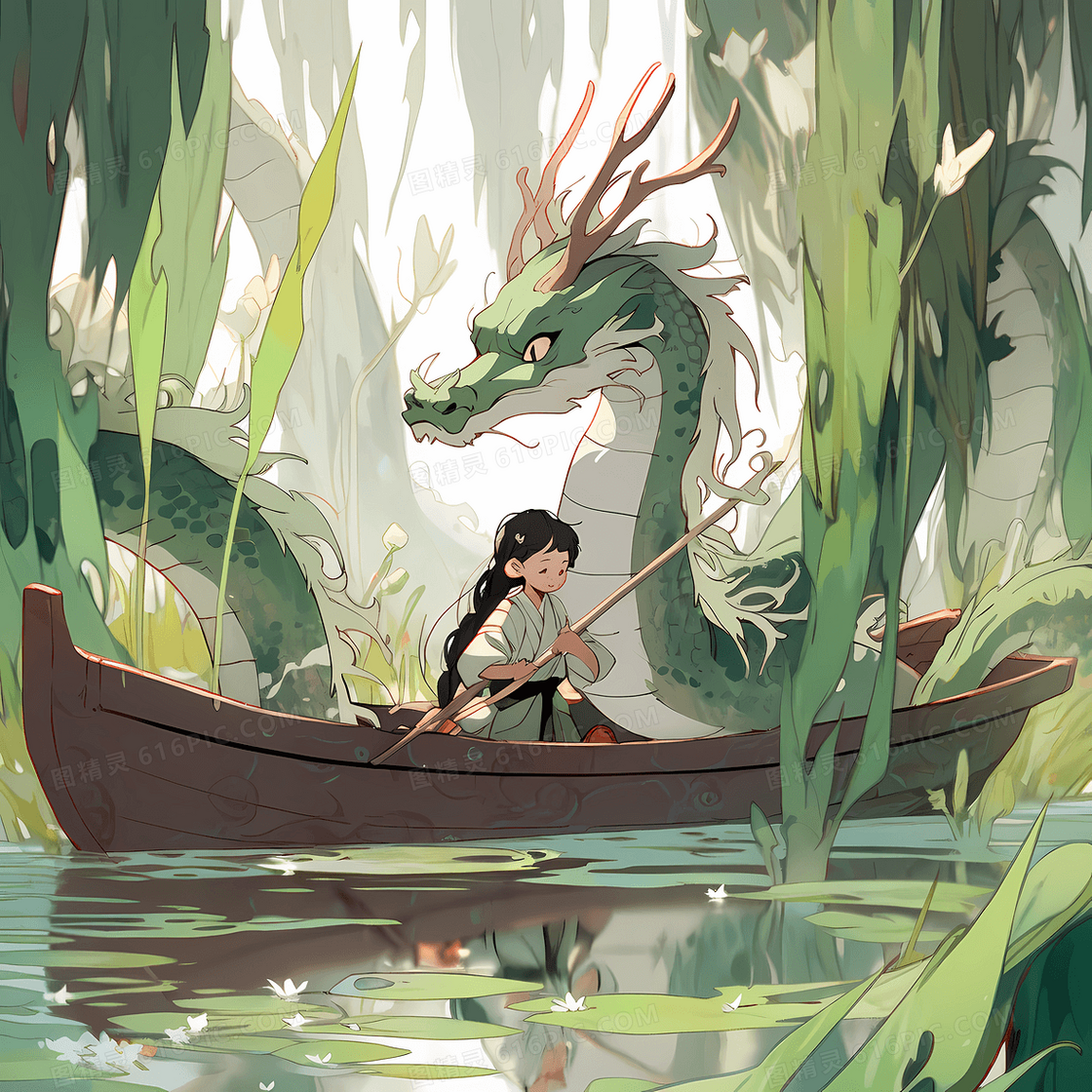 可爱的小女孩和一条巨龙开心的划船游湖创意插图