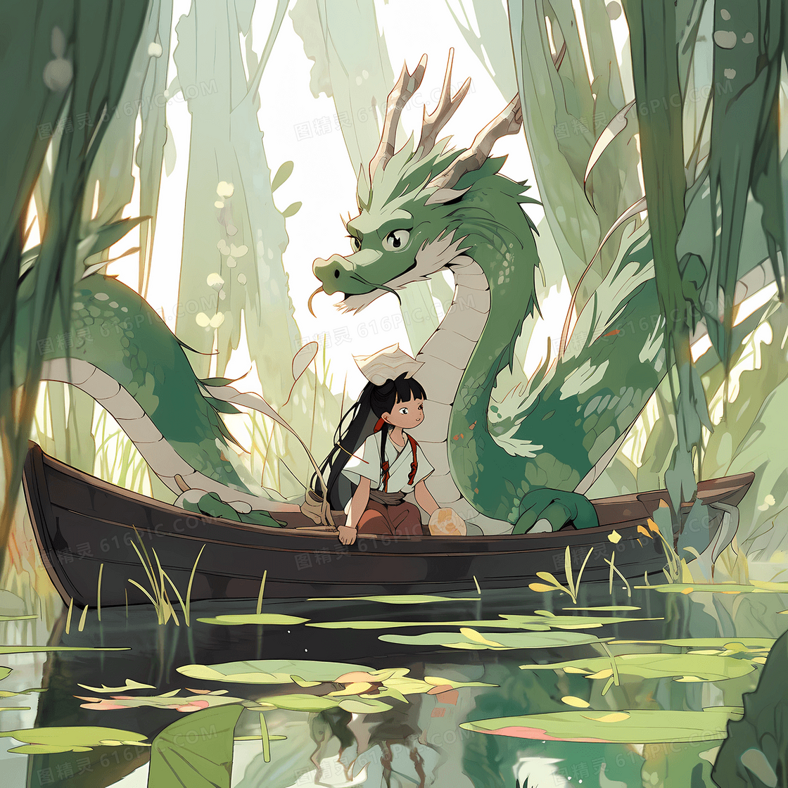 可爱的小女孩和一条巨龙开心划船游湖