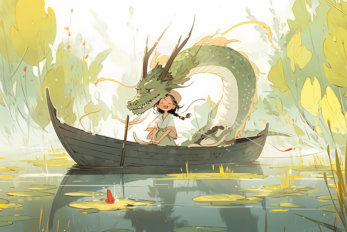 端午节可爱的小女孩和一条巨龙开心的划船游湖