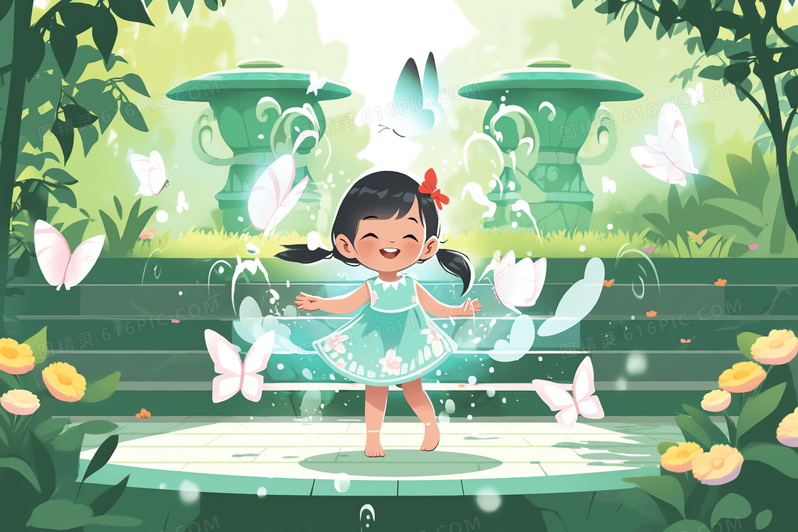 可爱的小女孩在飞满蝴蝶的喷泉上开心的跳舞