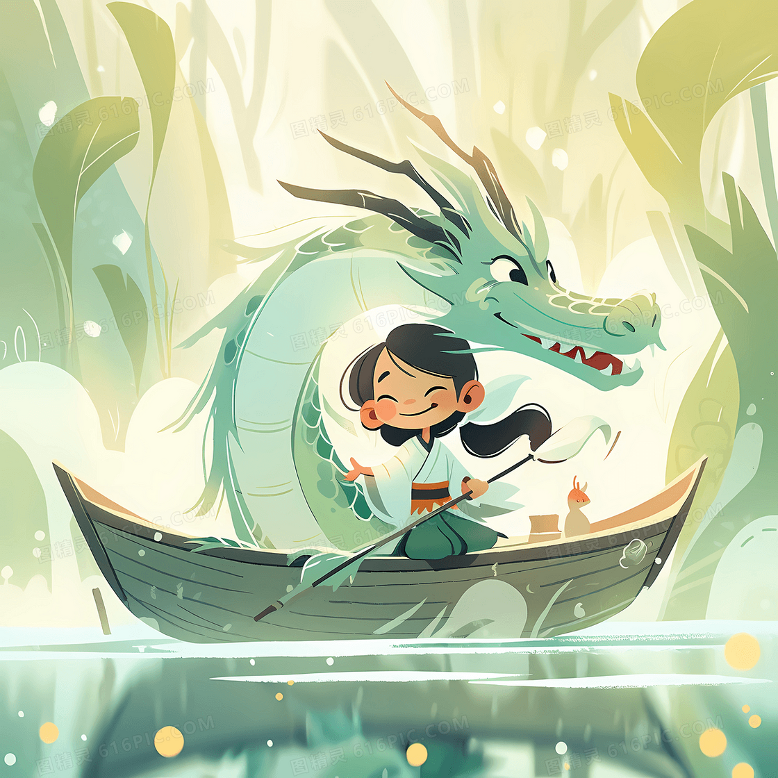 可爱的小女孩和一条巨龙开心的划船游湖插图