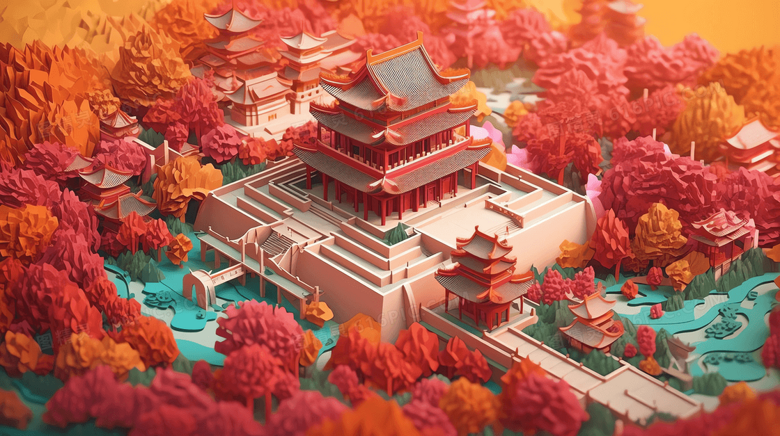 创意纸艺中国传统宫殿建筑插画