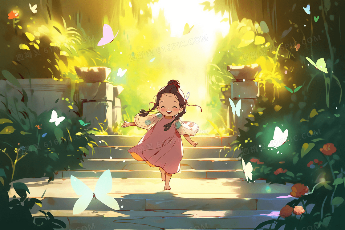 可爱的小女孩在蝴蝶飞舞的院子里奔跑