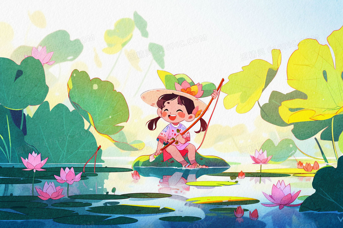 可爱的小女孩开心的坐在荷花池的石头上钓鱼