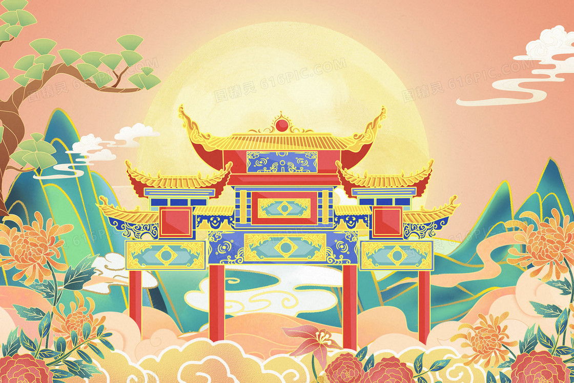国潮建筑中国风风景插画