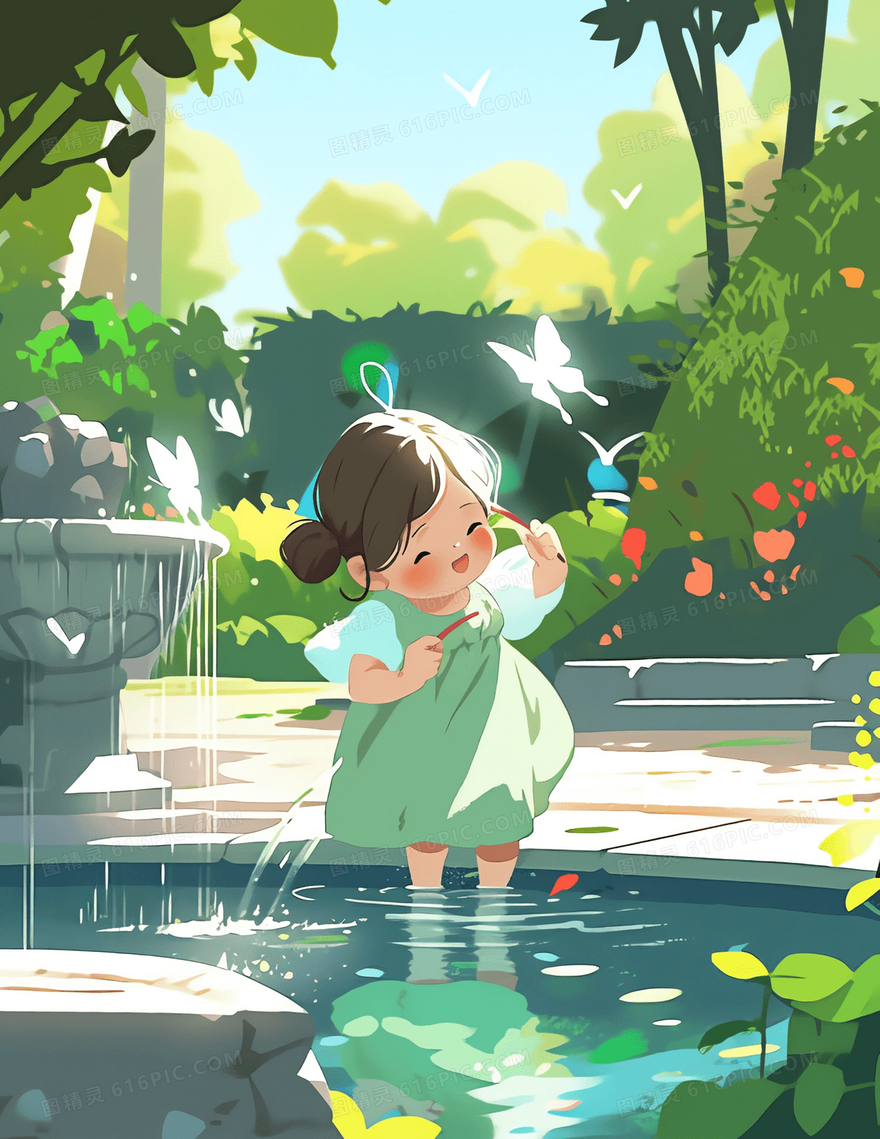 可爱的小女孩坐在许愿池边上开心的抓蝴蝶