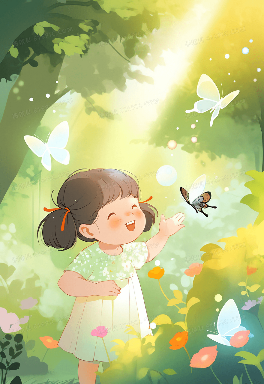 可爱的小女孩在森林中和蝴蝶玩耍