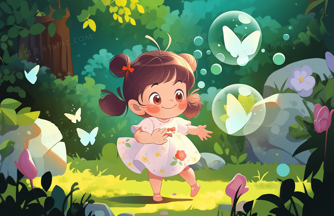 超级可爱的小女孩着迷的看着泡泡里的蝴蝶