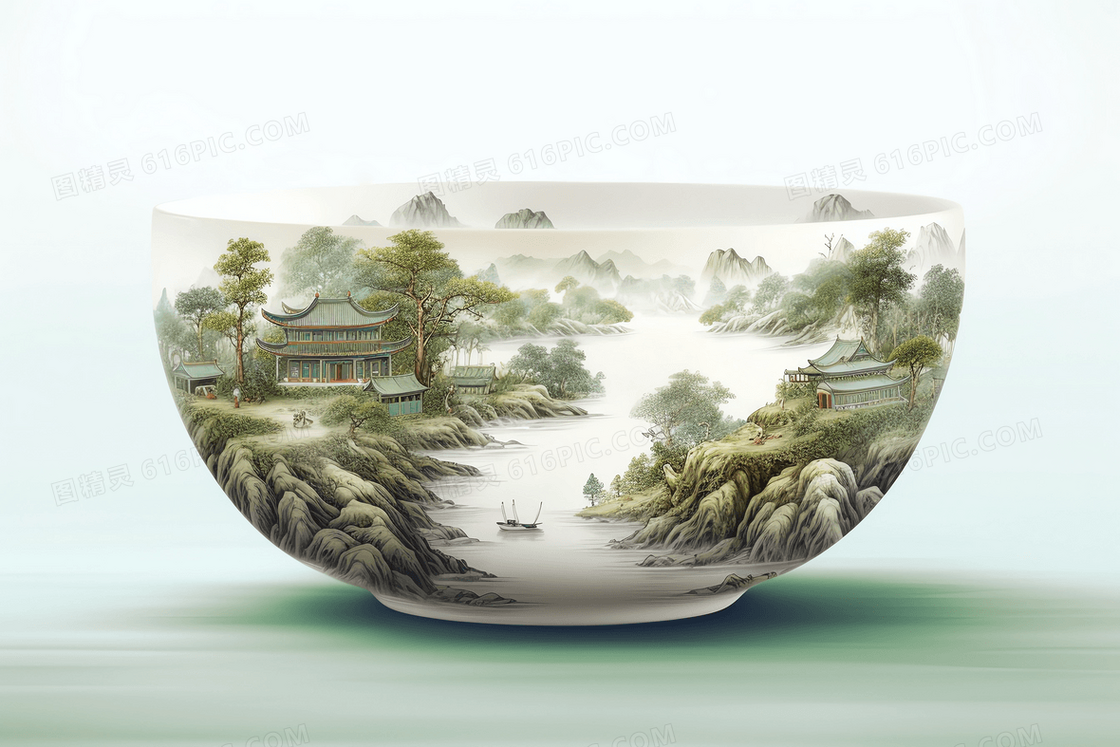 白色陶瓷碗微景观风景中国山水景观创意插画