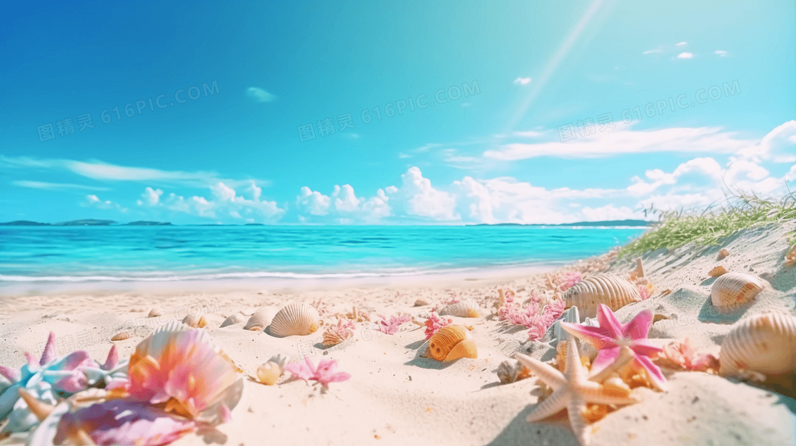 唯美海边蓝天白云大海沙滩贝壳花瓣
