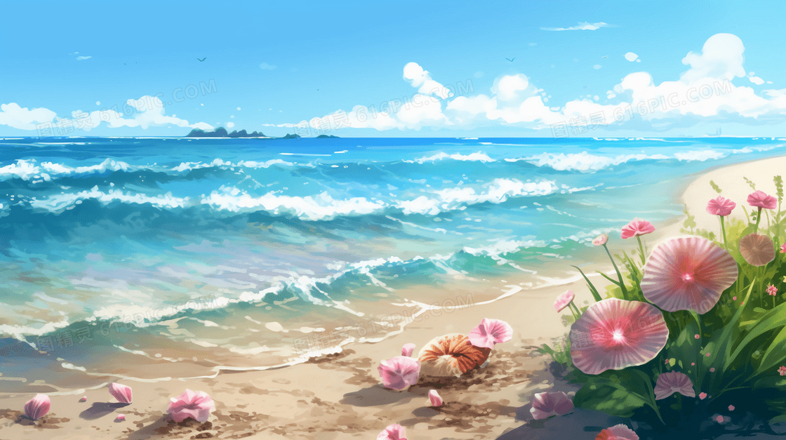 唯美蓝天白云大海沙滩贝壳花瓣