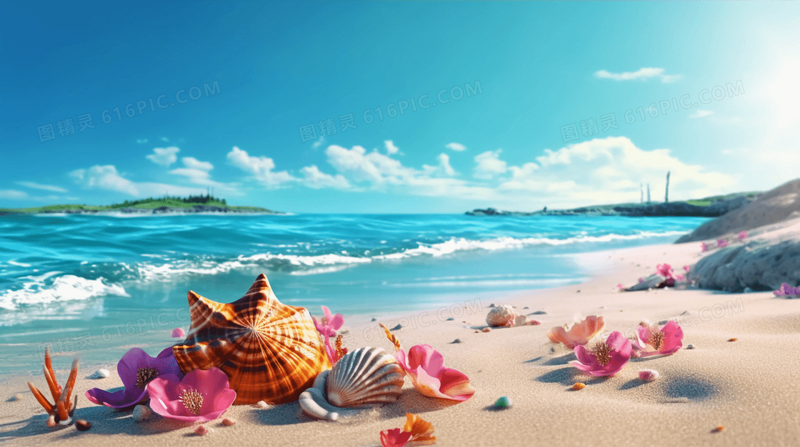 唯美海边蓝天白云沙滩贝壳花瓣