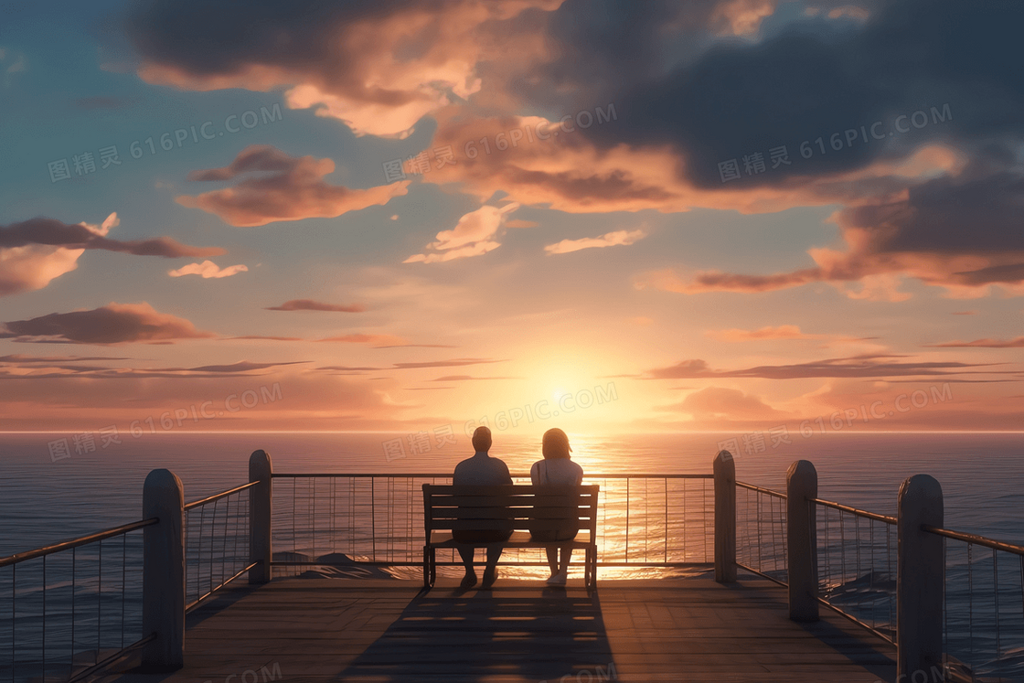 一对情侣坐在海边看日落