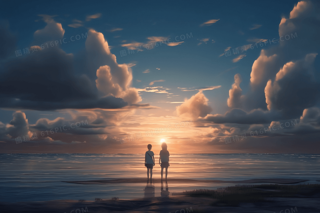 在海边看日落的两个游客