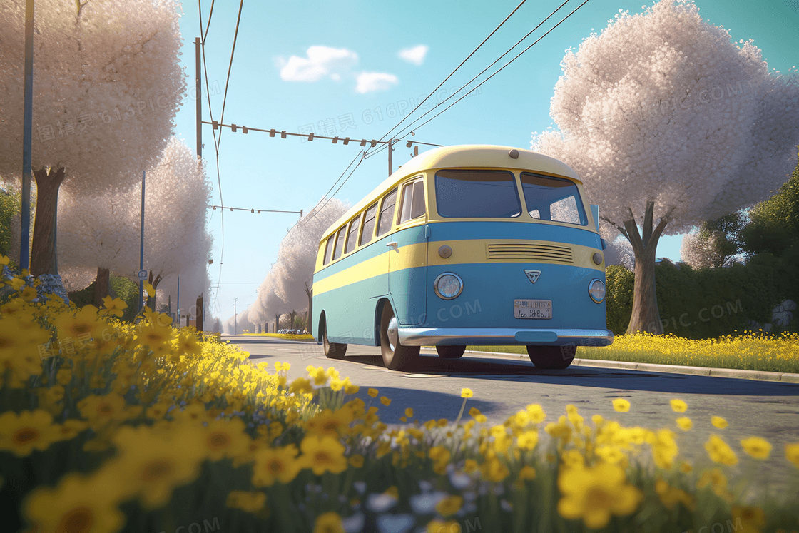 可爱彩色巴士行驶在开满鲜花的公路