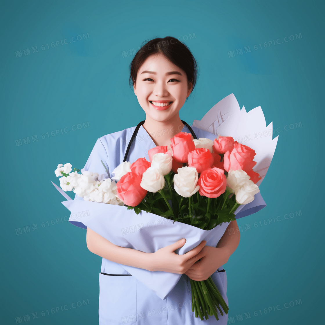 护士穿着工作服手捧鲜花开心的笑