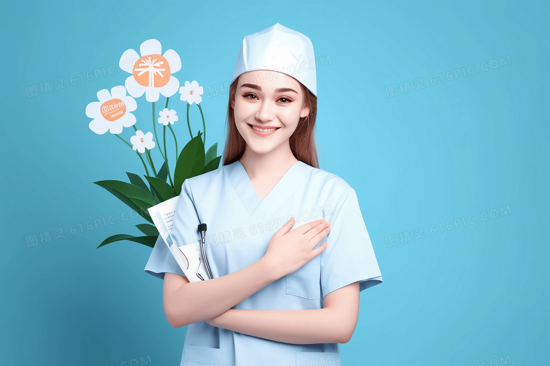 欧美护士穿着工作服手捧鲜花开心的笑