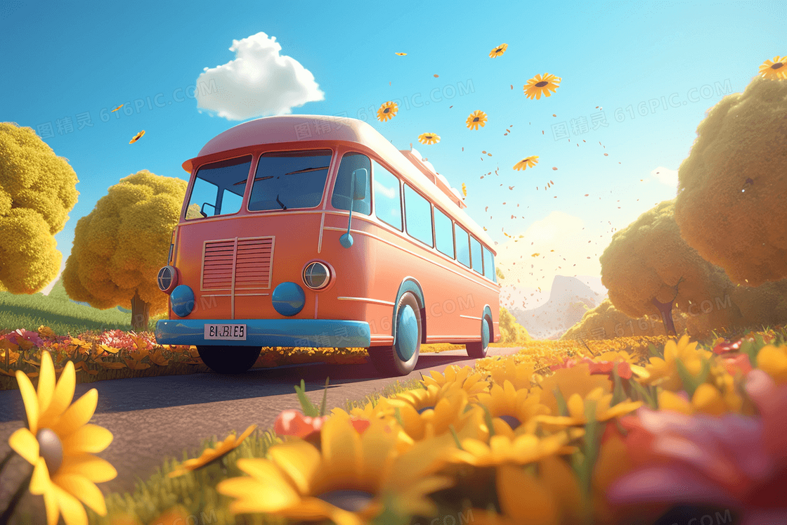 可爱彩色巴士行驶在开满鲜花的公路上 