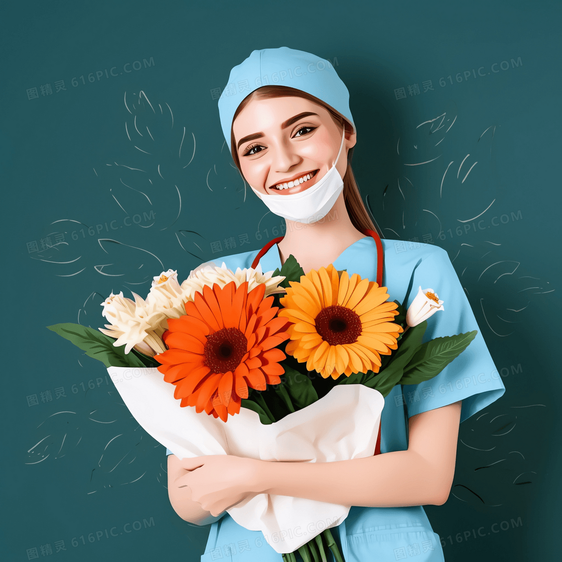国外的护士手捧鲜花开心的笑