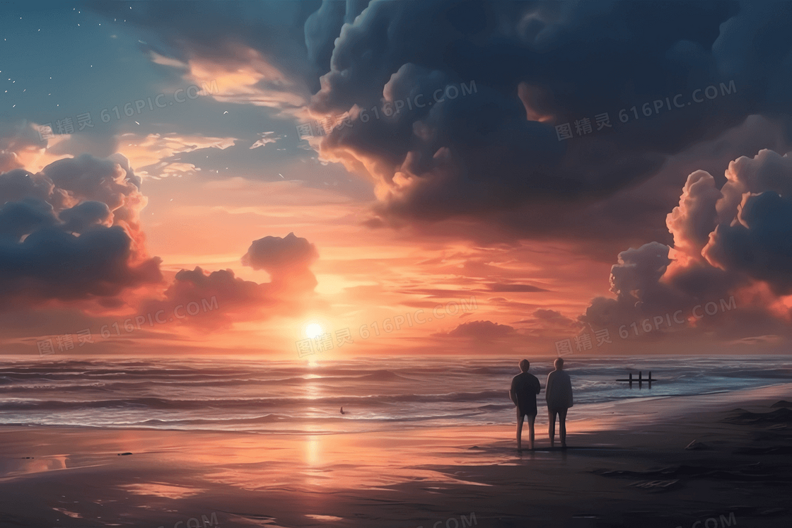 两个人在海边看日落剪影