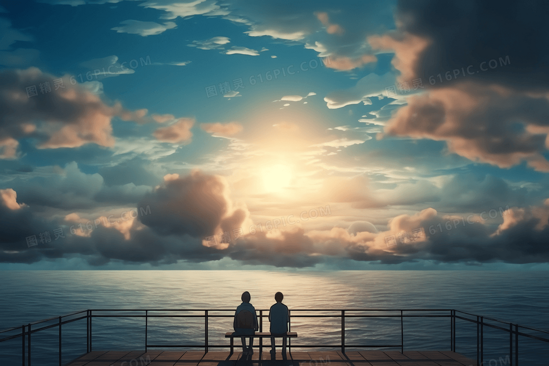 两个人坐在长椅上在海边看日落
