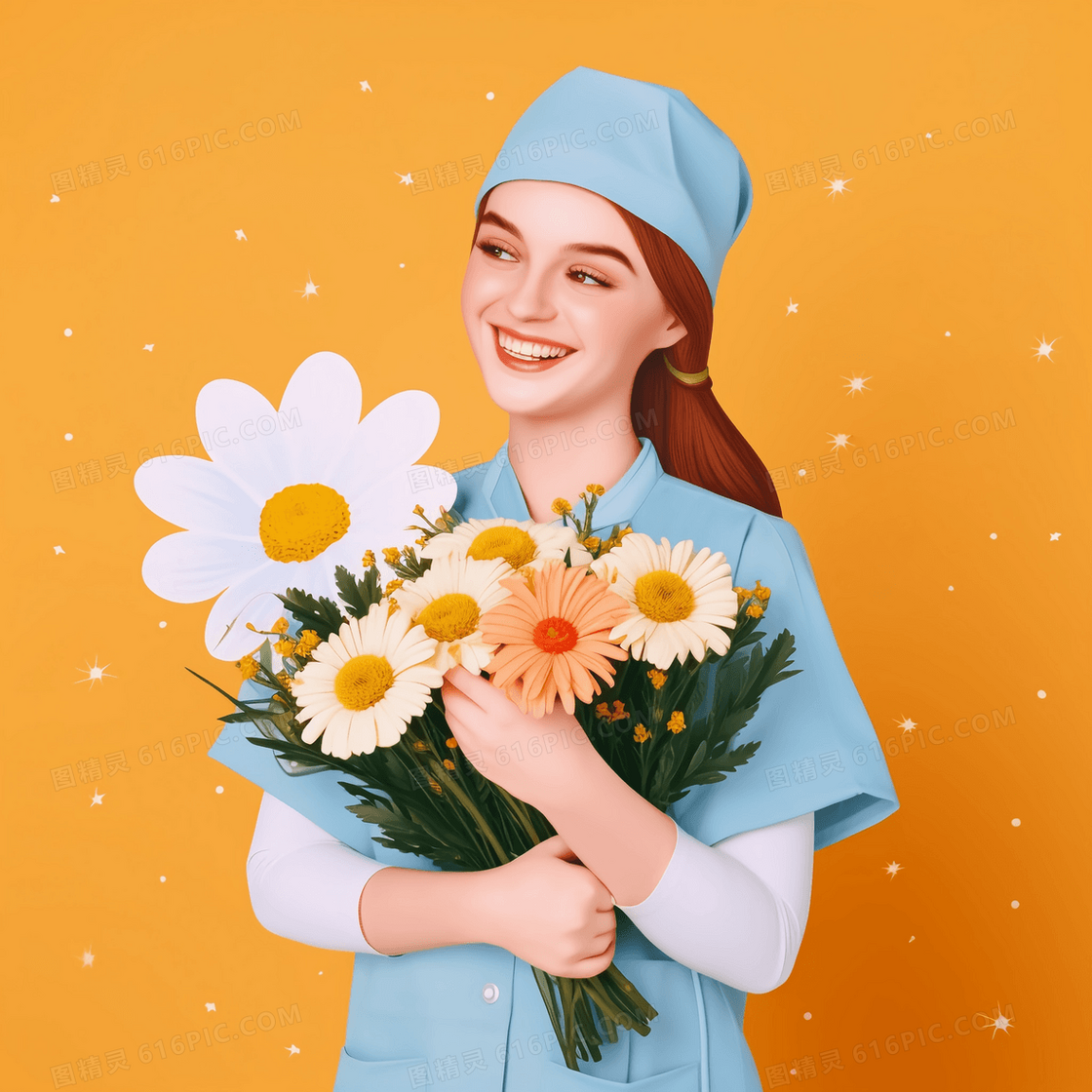 护士穿着工作服手捧鲜花开心的笑插画