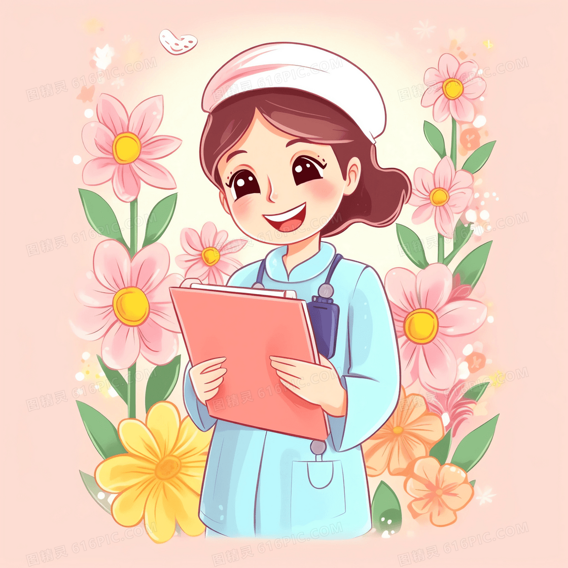 拿着病历本在开心的笑的护士