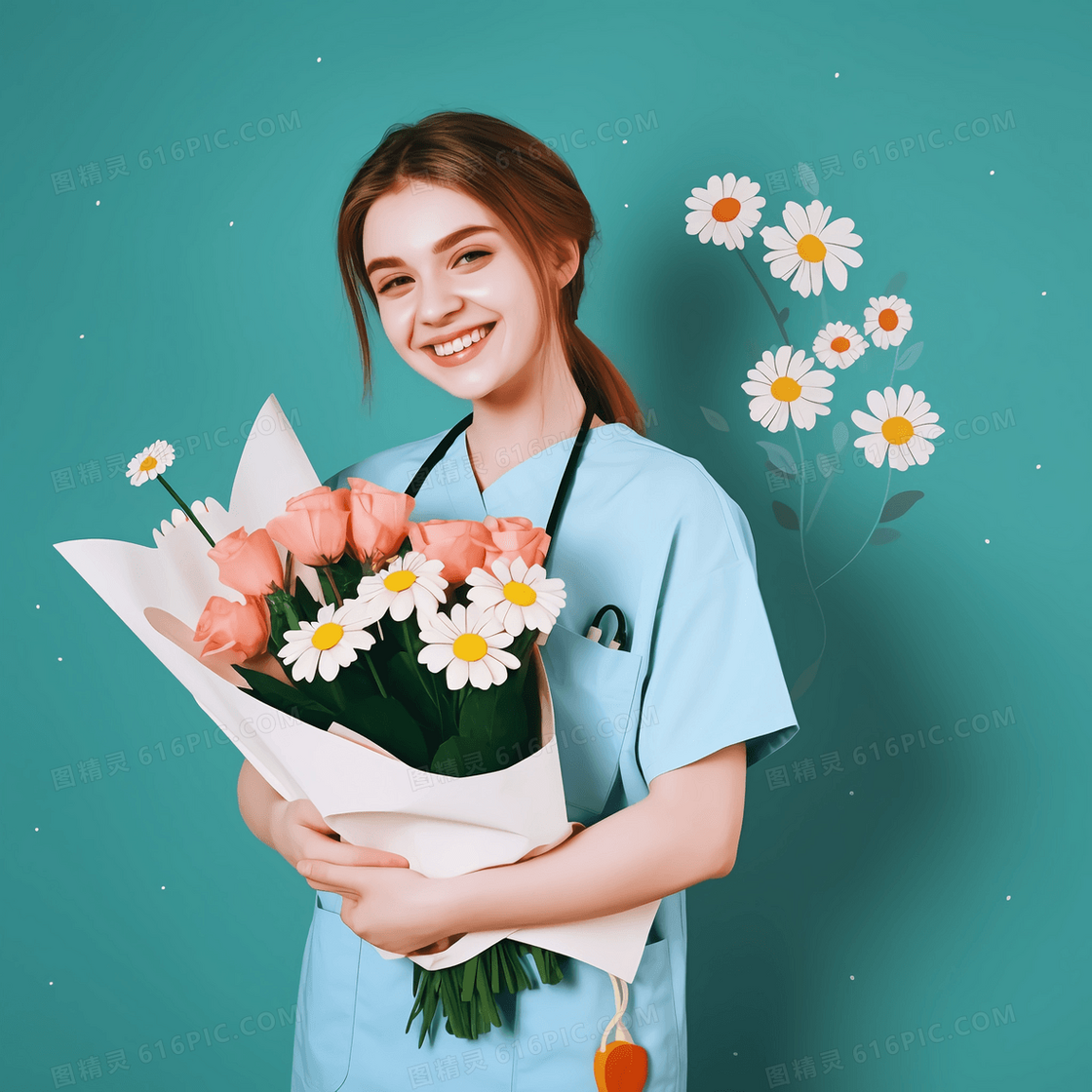 护士穿着蓝色工作服手捧鲜花开心的笑