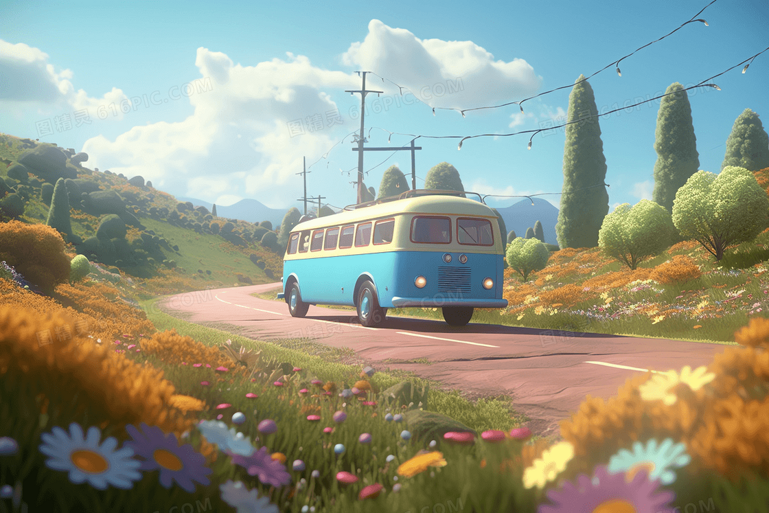 可爱彩色旅行巴士行驶在开满鲜花的公路上