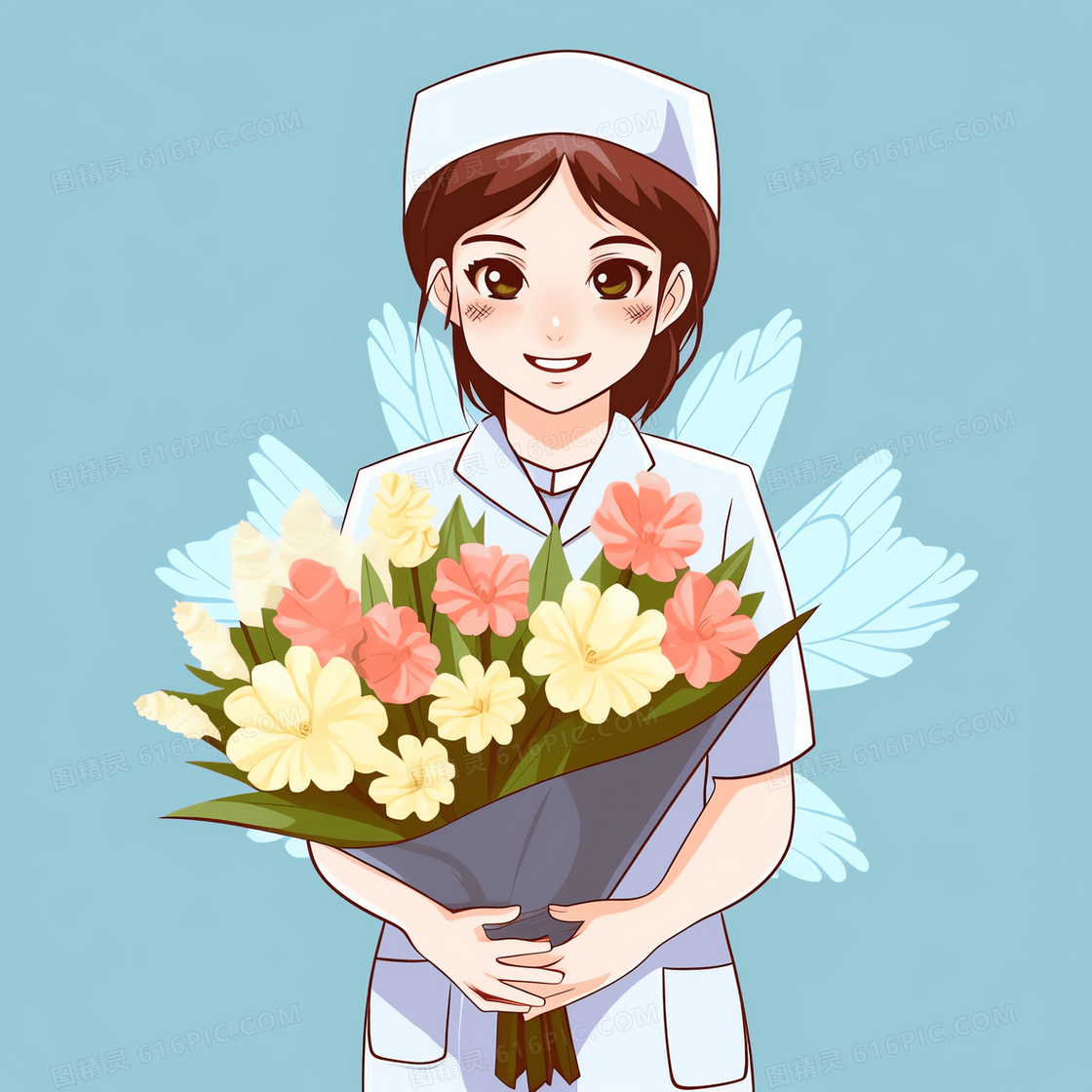 戴着护士帽的护士手捧鲜花在开心的笑