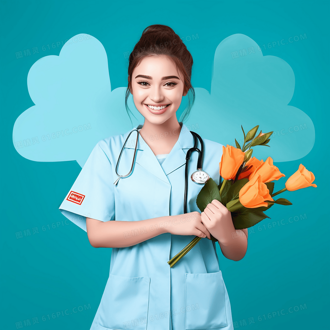 国外护士穿着工作服手捧郁金香开心的笑