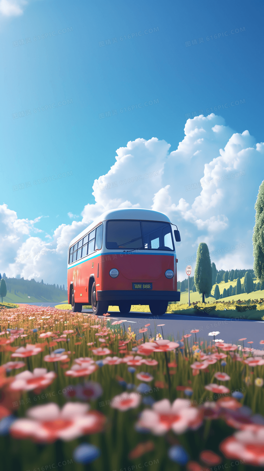 可爱复古彩色巴士行驶在开满鲜花的公路上