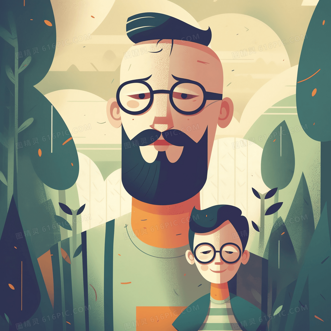 戴眼镜的爸爸和孩子在绿林中