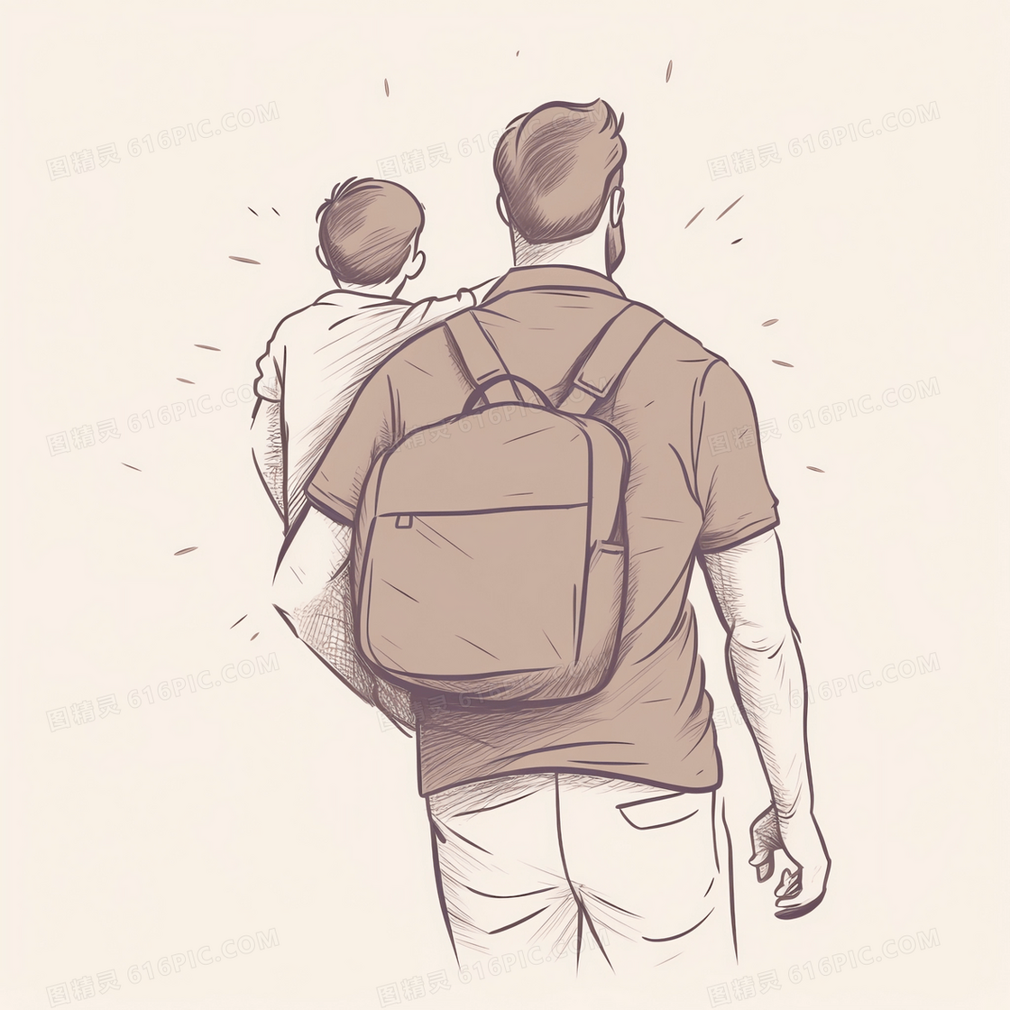 爸爸背着包怀抱着儿子