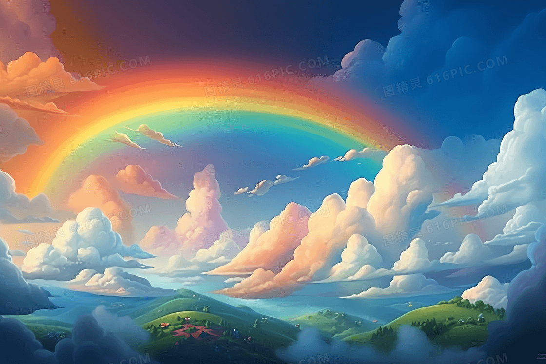 唯美的彩虹屹立在蓝天白云之上