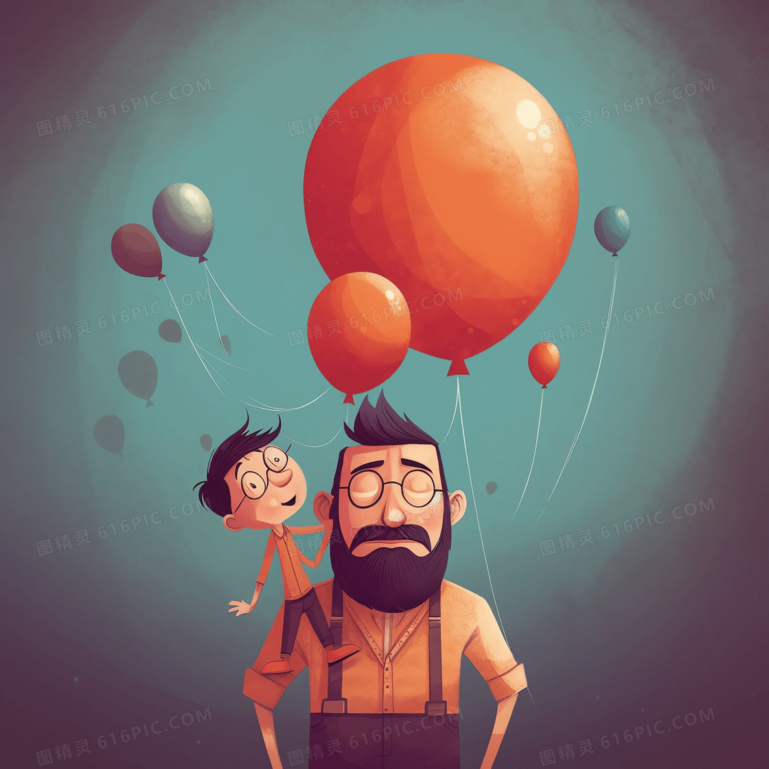 儿子站在爸爸的肩膀上看着气球