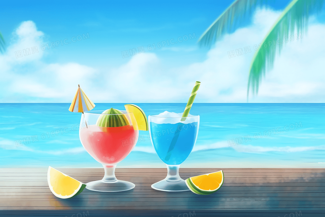 卡通风夏日炎炎来海边度假点了两杯果汁插图