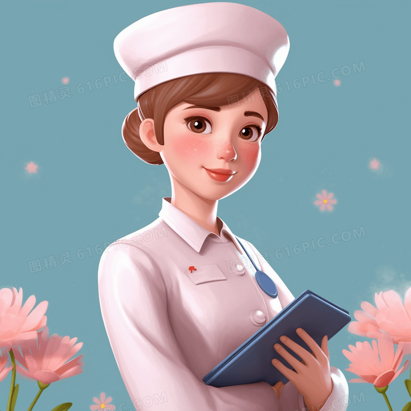 小清新拿着病历本的儿科护士侧身3D模型效果插画