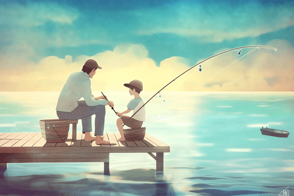卡通温馨父子在海面上的栈台整理钓竿插图
