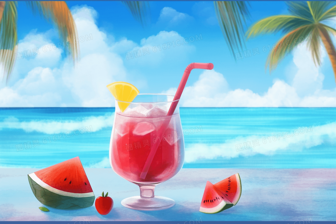 卡通风夏日海边度假点了杯冰镇西瓜汁插图