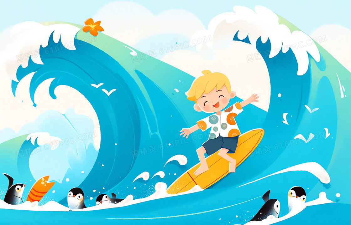 卡通风小男孩在黄色的冲浪板上冲浪插画