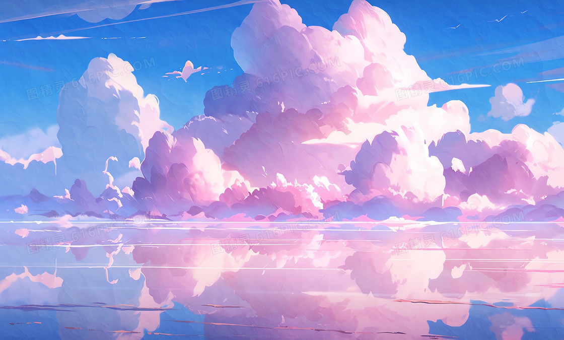 唯美梦幻粉色云朵倒映水面背景图
