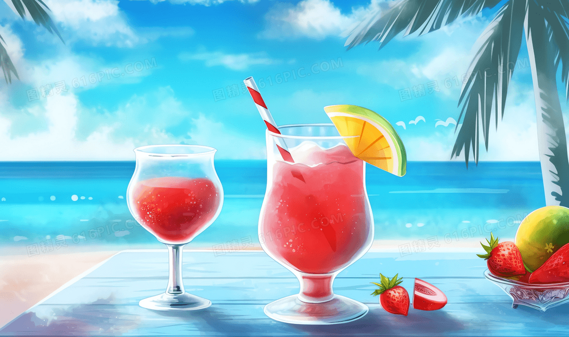 卡通风夏日海边棕榈树下摆着果汁和果盘插图