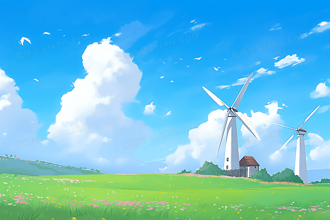 清新风风车与草原上的小屋插图