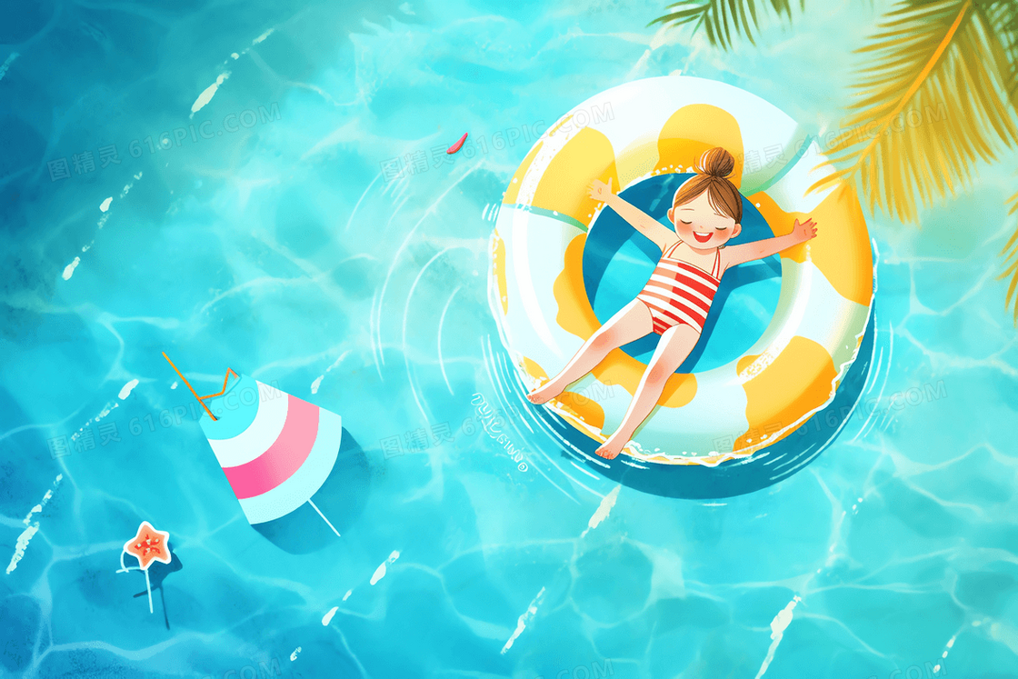 卡通风夏日炎炎扎丸子头的可爱女孩躺在游泳圈上插画