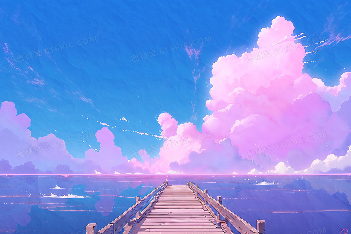 漫画风远处粉色云朵木桥延伸到水面背景图