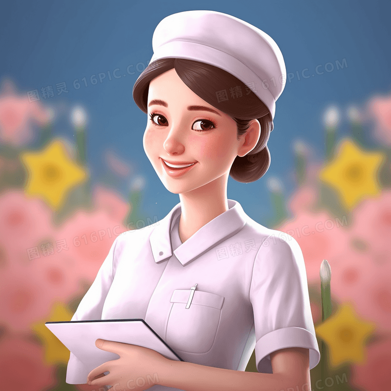 穿着白色工作服的护士拿着病历本侧身微笑