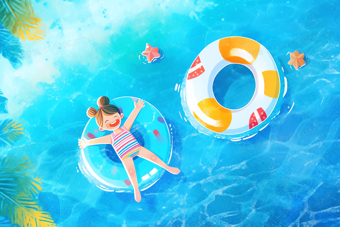 卡通风炎炎夏日一个小女孩开心的躺在游泳圈上插画
