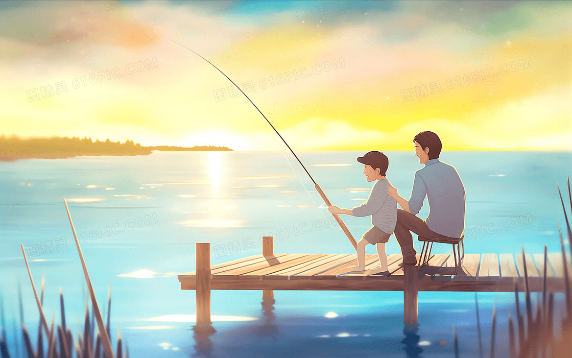 卡通温馨爸爸陪着儿子在栈桥上钓鱼插图